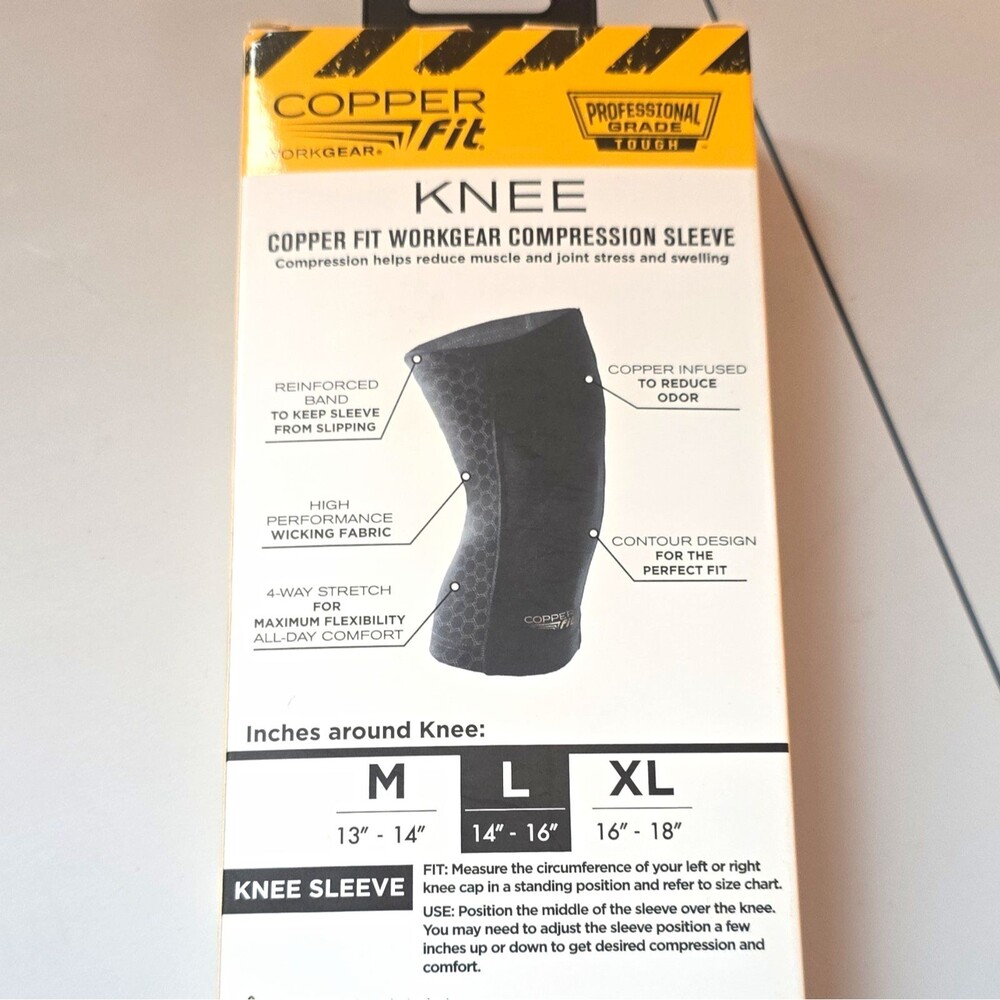 Copper Fit Workgear Knee Compression Sleeve L 14"-16" Black Breathable